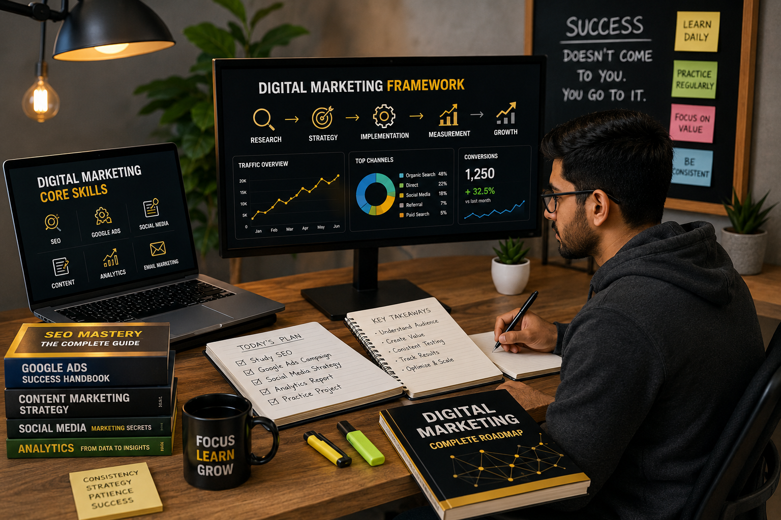 Digital marketing student learning SEO advertising and analytics