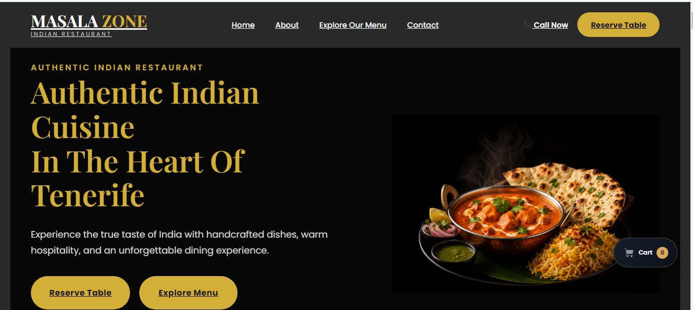 Masala Zone Restaurant website created by Aarav Digital Marketing in Tenerife, Spain